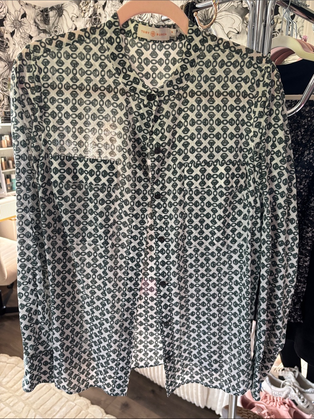 Tory Burch White and Dark Green Geometric Cotton Blouse